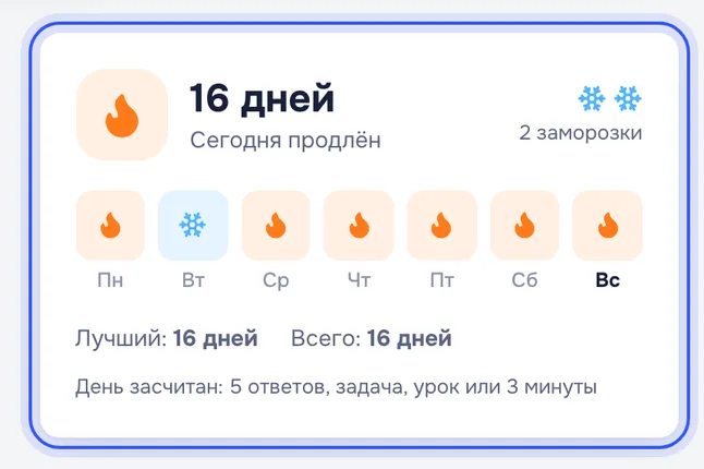 Карточка стрика: неделя, заморозки и лучший результат