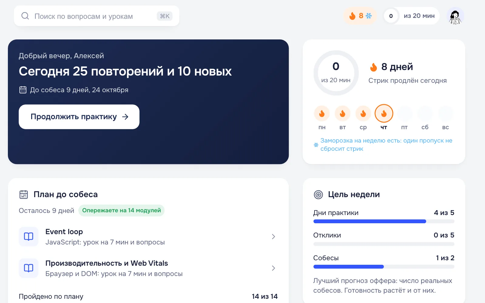 Экран «Сегодня» в кабинете Техпрогона